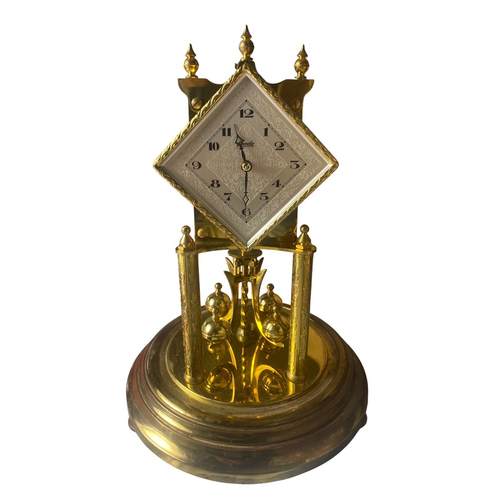 Vintage Kundo 400 Day Anniversary Clock Diamond Dial Brass Glass Dome Germany